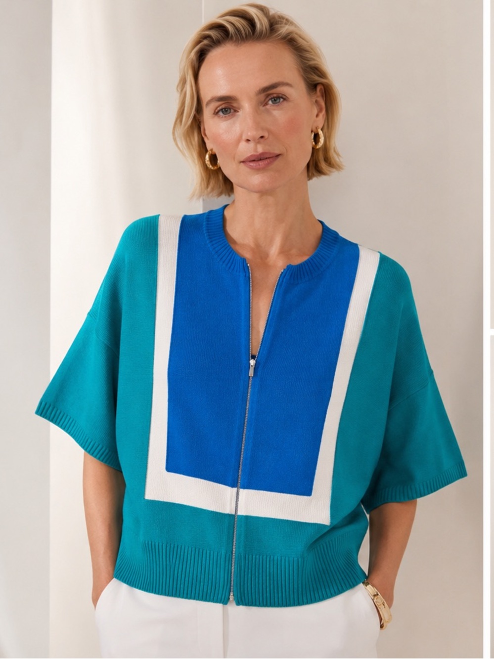 St. John Colorblock Zip Front Wool Knit Cardigan Top Size M